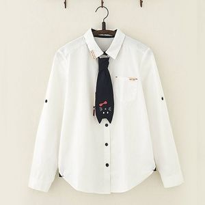 White Cat Tie Button Down Shirt w/ Wooden Hello Kitty Buttons & Embroidery | L